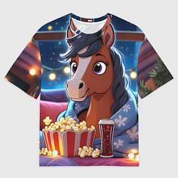 Футболка оверсайз женская Новогодняя лошадка с попкорном, цвет: 3D-принт