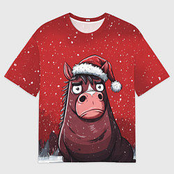 Футболка оверсайз женская Конь в новогодней шапке, цвет: 3D-принт