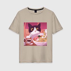 Футболка оверсайз женская Кот и лапша, цвет: миндальный