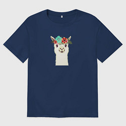 Футболка оверсайз женская Милая лама альпака с цветами, цвет: тёмно-синий