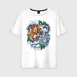 Футболка оверсайз женская Тигр в цветах, цвет: белый