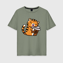 Футболка оверсайз женская Тигренок и кофе, цвет: авокадо