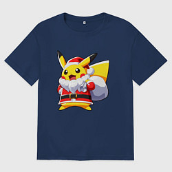 Футболка оверсайз женская НОВОГОДНИЙ ПИКАЧУ САНТА КЛАУС, цвет: тёмно-синий