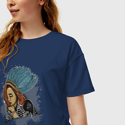 Футболка оверсайз женская Индейская девушка с перьями, цвет: тёмно-синий — фото 2