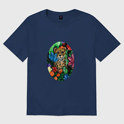 Футболка оверсайз женская Гепард в сад с тропическими цветами, цвет: тёмно-синий