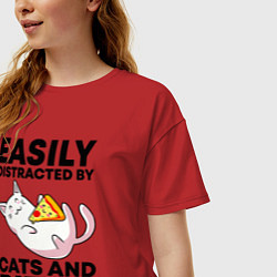 Футболка оверсайз женская Легко отвлекаюсь на котов и пиццу, цвет: красный — фото 2