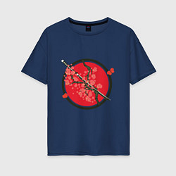 Футболка оверсайз женская Японский меч, катана и ветви с красными цветами, цвет: тёмно-синий