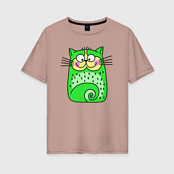 Футболка оверсайз женская Прикольный зеленый кот, цвет: пыльно-розовый