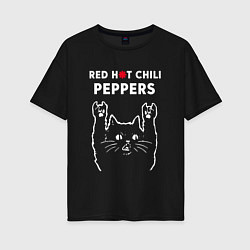 Футболка оверсайз женская Red Hot Chili Peppers Рок кот, цвет: черный