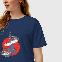 Футболка оверсайз женская Дизайн с драконом на фоне красного солнца с эффект, цвет: тёмно-синий — фото 2