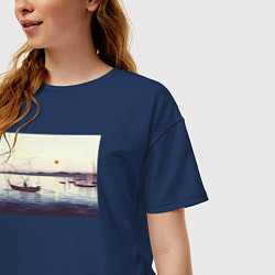 Футболка оверсайз женская Boats and Setting Sun Лодки на закате, цвет: тёмно-синий — фото 2
