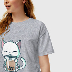 Футболка оверсайз женская Котик с бабл ти, цвет: меланж — фото 2