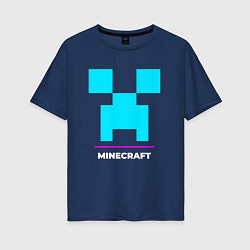 Футболка оверсайз женская Символ Minecraft в неоновых цветах, цвет: тёмно-синий