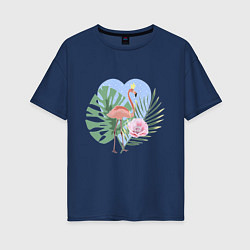 Женская футболка оверсайз Розовый фламинго на фоне пальмовых листьев и сердц