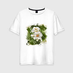 Женская футболка оверсайз Нежные белые цветы на зелёном акварельном фоне