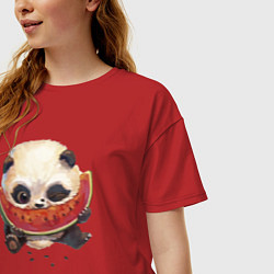 Футболка оверсайз женская Маленький панда ест арбуз, цвет: красный — фото 2