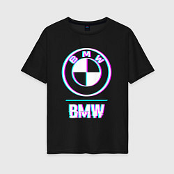 Футболка оверсайз женская Значок BMW в стиле glitch, цвет: черный