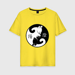Футболка оверсайз женская Инь-Янь коты с иероглифами, цвет: желтый