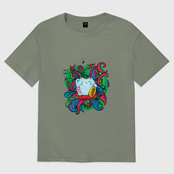 Футболка оверсайз женская Кошечка манеки неко приносящая удачу с орнаментом, цвет: авокадо