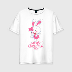 Женская футболка оверсайз Cute bunny, merry Christmas