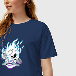 Футболка оверсайз женская Cyberpunk 2077 neon samurai glitch art, цвет: тёмно-синий — фото 2