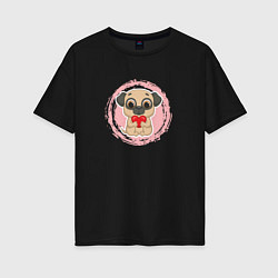 Женская футболка оверсайз Мультяшный мопс с сердцем