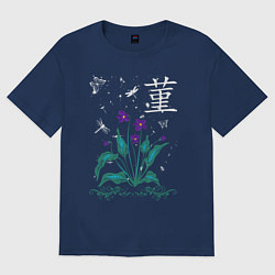 Футболка оверсайз женская Фиалка среди бабочек и падающего снега, цвет: тёмно-синий