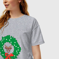 Футболка оверсайз женская Рождественский венок с оленем, цвет: меланж — фото 2