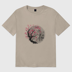 Футболка оверсайз женская Японская сакура рисунок карандашом, цвет: миндальный
