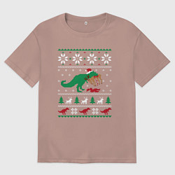 Футболка оверсайз женская Новогодний тирекс - ugly sweater, цвет: пыльно-розовый
