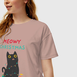 Футболка оверсайз женская Meowy Christmas and a happy purr year, цвет: пыльно-розовый — фото 2