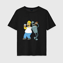 Футболка оверсайз женская Drunk Homer and Bender, цвет: черный