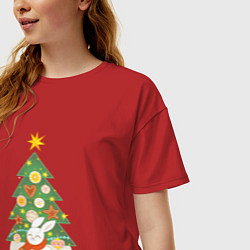 Футболка оверсайз женская Зайчик под елочкой - символ 2023 С Новым годом, цвет: красный — фото 2
