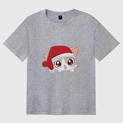 Футболка оверсайз женская Санта-котенок, цвет: меланж