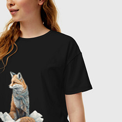 Футболка оверсайз женская Лисица в сугробах, цвет: черный — фото 2
