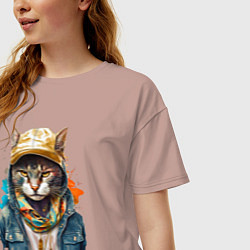 Футболка оверсайз женская Кот репер, цвет: пыльно-розовый — фото 2