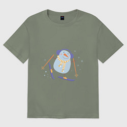 Футболка оверсайз женская Снеговик катается на лыжах, цвет: авокадо