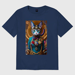 Футболка оверсайз женская Кошечка в стиле стимпанк - нейросеть - искусство, цвет: тёмно-синий