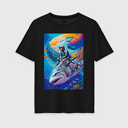 Футболка оверсайз женская Cyber shark - ocean and space - art, цвет: черный