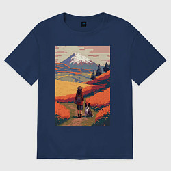 Футболка оверсайз женская Девушка, выгуливающая собаку на полях Японии, цвет: тёмно-синий