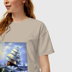 Футболка оверсайз женская Корабль плывет по бушующему морю, цвет: миндальный — фото 2