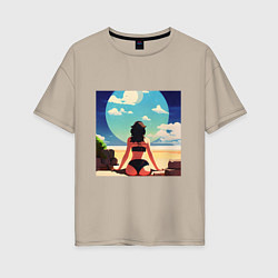 Футболка оверсайз женская Девушка на пляже, цвет: миндальный