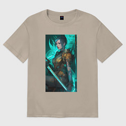 Футболка оверсайз женская Девушка самурай киберпанк, цвет: миндальный
