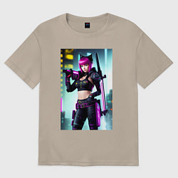 Футболка оверсайз женская Девчонка-кошка - кибер-самурай, цвет: миндальный