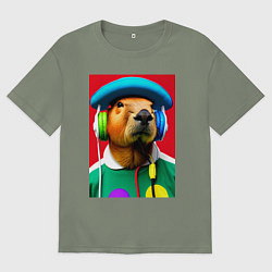 Футболка оверсайз женская Капибара в наушниках и шляпе - нейросеть, цвет: авокадо