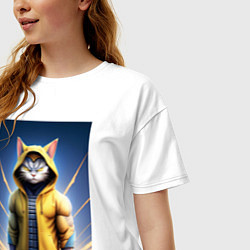 Футболка оверсайз женская Супер кот в капюшоне, цвет: белый — фото 2