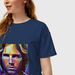 Футболка оверсайз женская Jim Morrison neon portrait art, цвет: тёмно-синий — фото 2