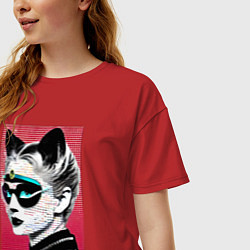 Футболка оверсайз женская Cat girl in a mask - neural network - pop art, цвет: красный — фото 2