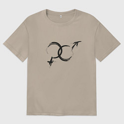 Футболка оверсайз женская Символы Инь Ян в японском графическом стиле, цвет: миндальный