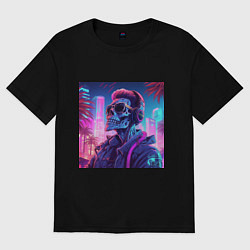 Футболка оверсайз женская Скелет на фоне неонового города, цвет: черный
